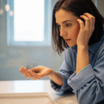 Kobieta przy umywalce sprawdza włosy w dłoni