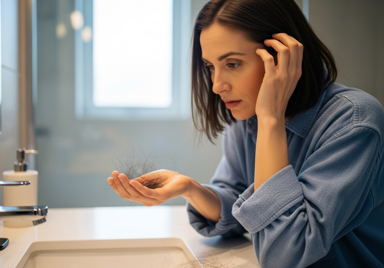 Kobieta przy umywalce sprawdza włosy w dłoni