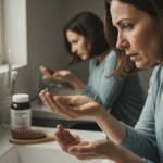 Kobieta przy umywalce trzyma garść wypadających włosów i patrzy w lustro.