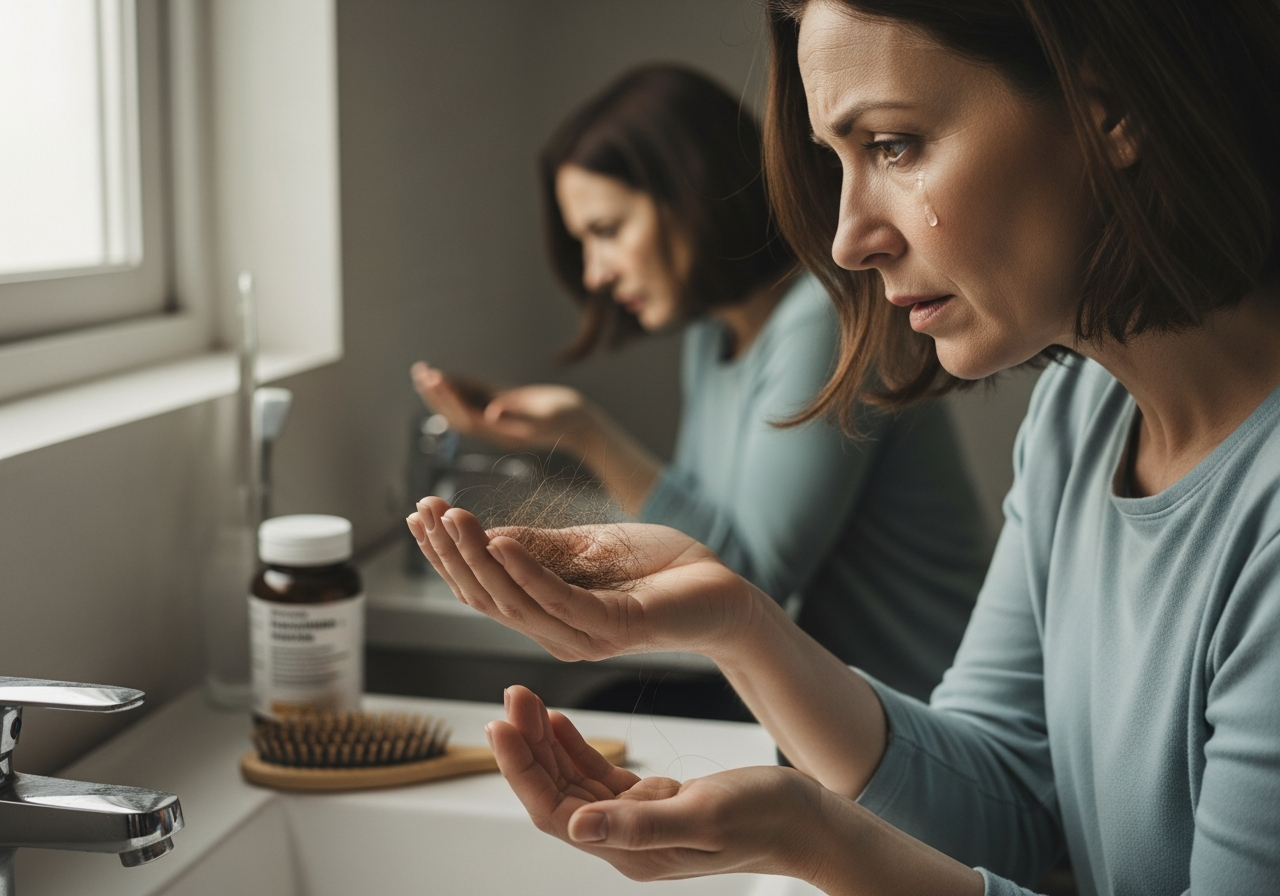 Kobieta przy umywalce trzyma garść wypadających włosów i patrzy w lustro.