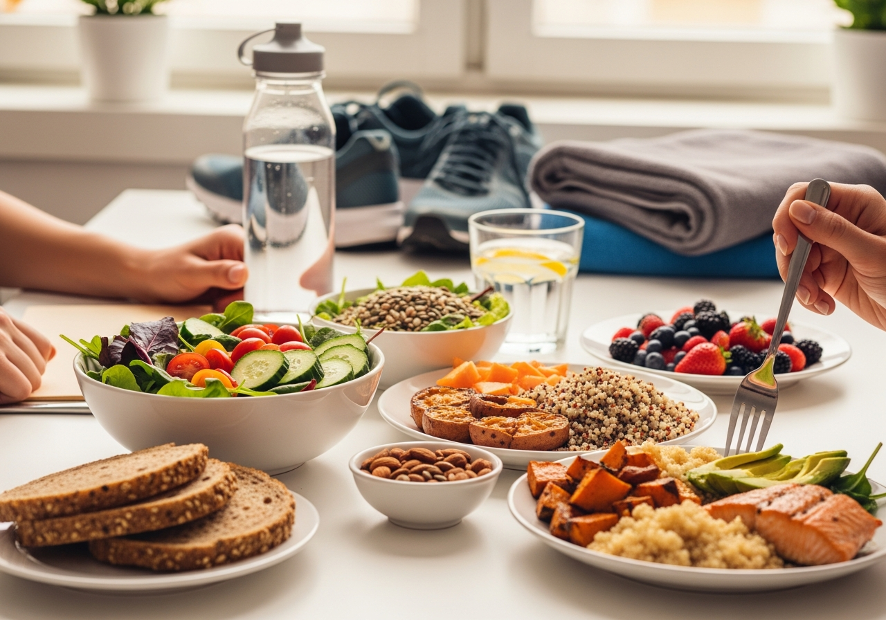 Zdrowy posiłek na stole: sałatka z awokado, quinoa, łosoś, batat, orzechy, owoce i woda; buty i ręcznik w tle