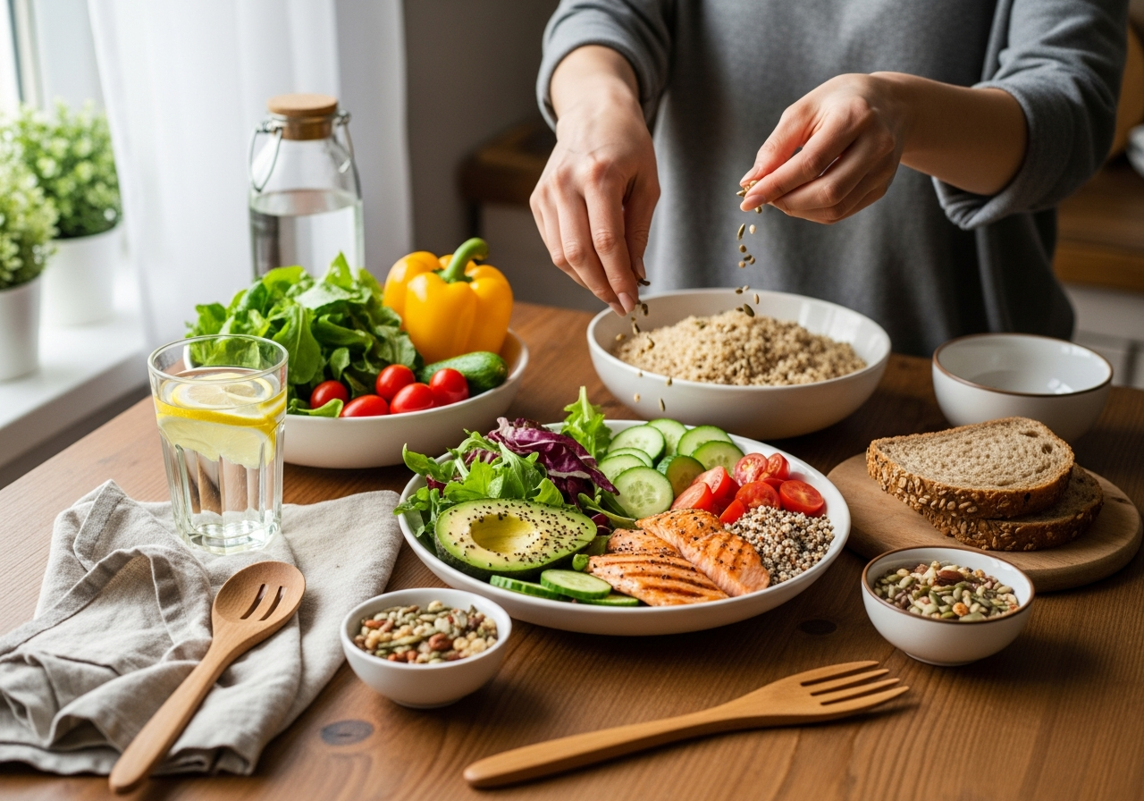 Z góry zdrowego posiłku: sałata, awokado, ogórek, pomidory, quinoa, łosoś, chleb, orzechy, woda z cytryną, ręce sypią nasiona
