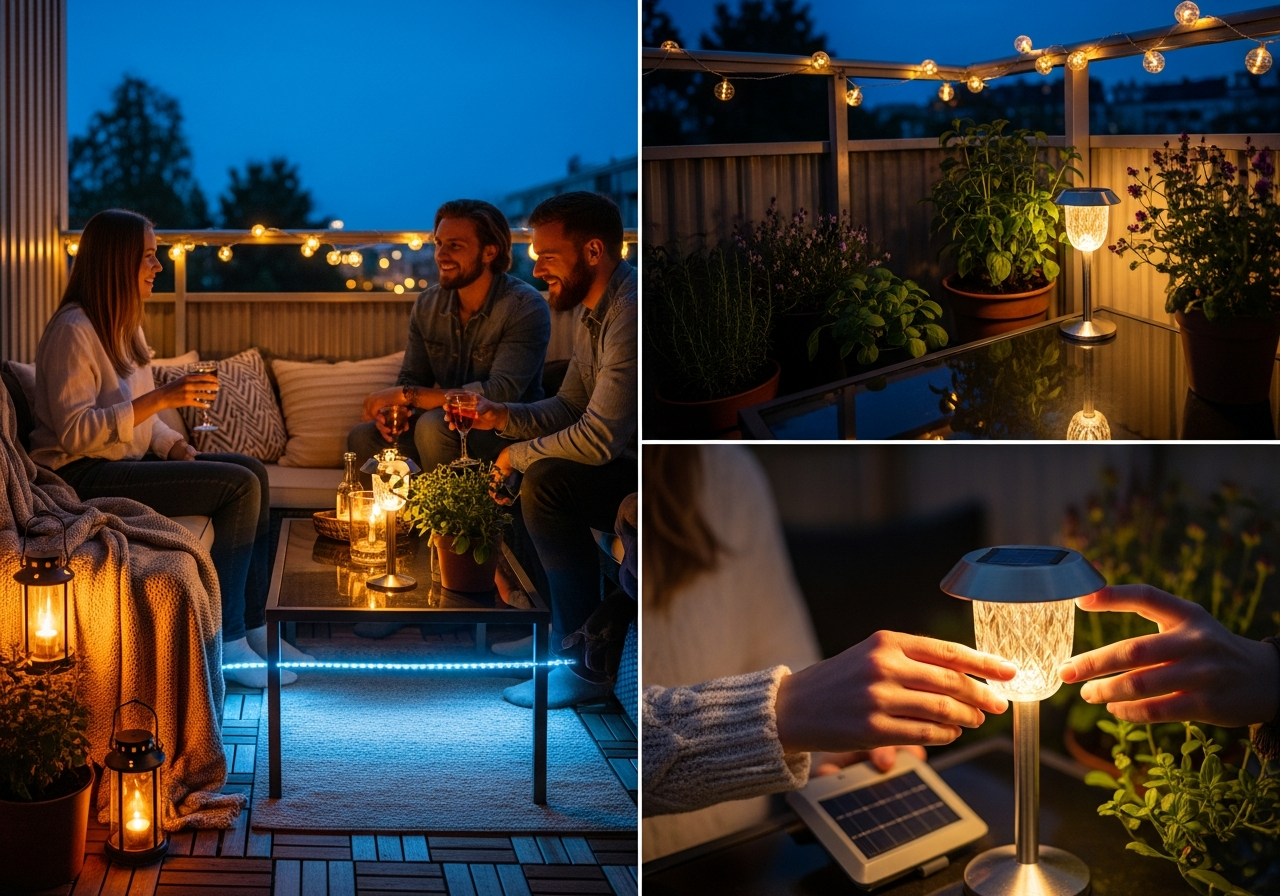 Wieczorne spotkanie na balkonie przy lampach solarnych i LED, przyjaciele z napojami