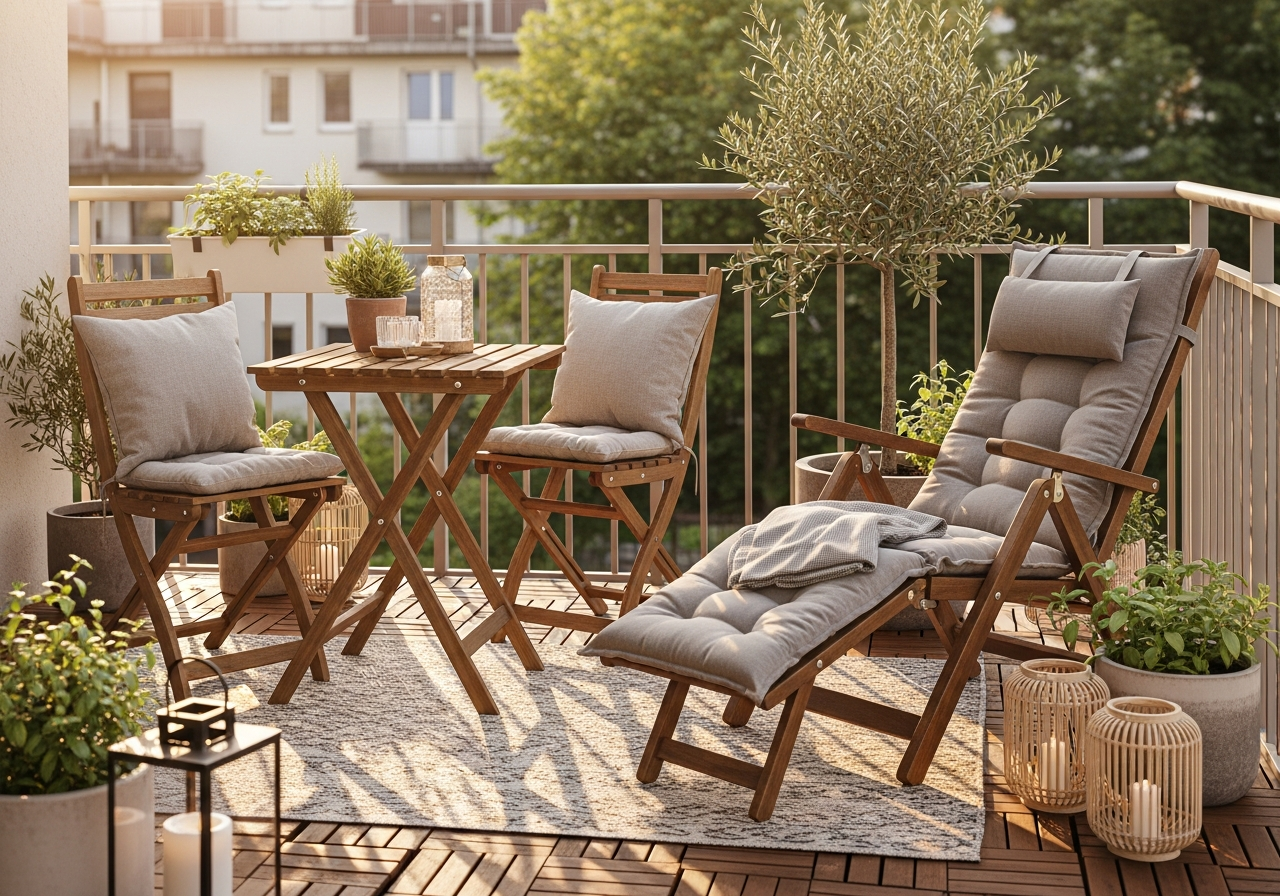 Składane meble bistro i leżak na balkonie z roślinami