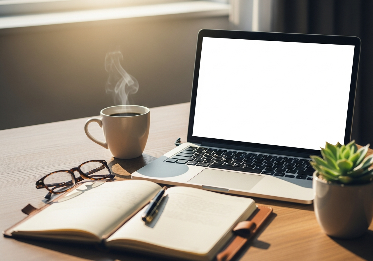 Laptop na drewnianym biurku z filiżanką kawy, otwartym notesem, piórem i okularami