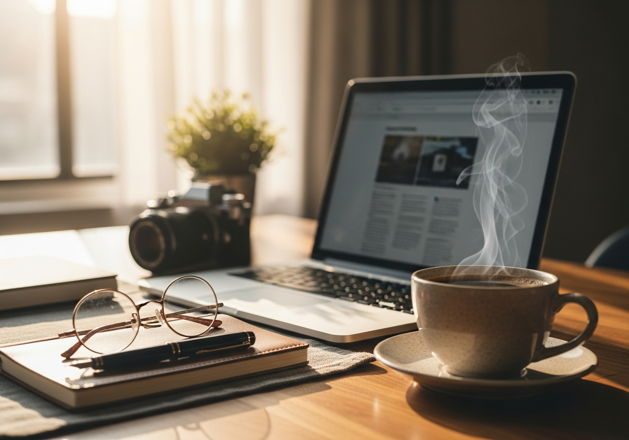 Słoneczne miejsce pracy: laptop, kubek kawy, notes z piórem, okulary i aparat na drewnianym biurku