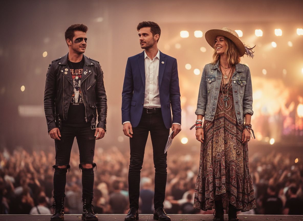 Trzy osoby na koncercie: rocker, meloman i uczestnik festiwalu na tle sceny