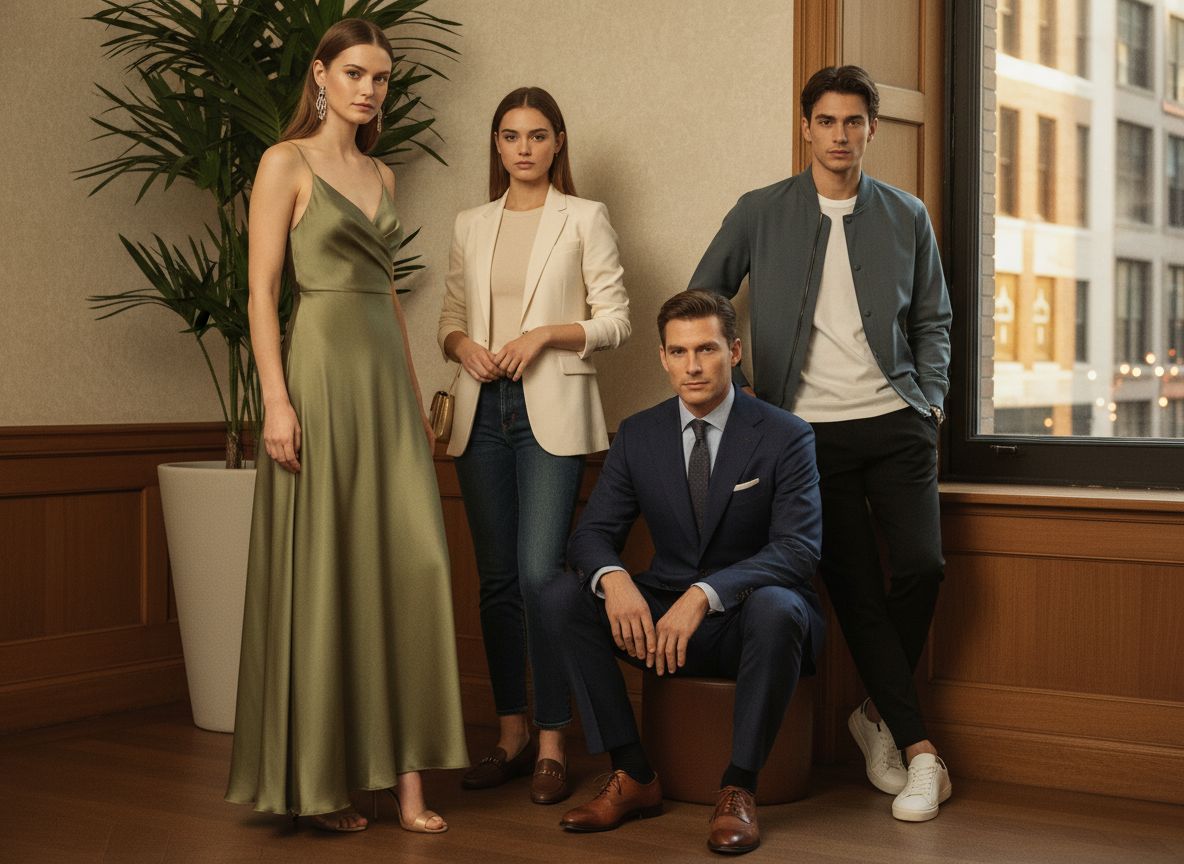 Cztery osoby w różnych stylizacjach: wieczorowa, smart casual, garnitur i athleisure