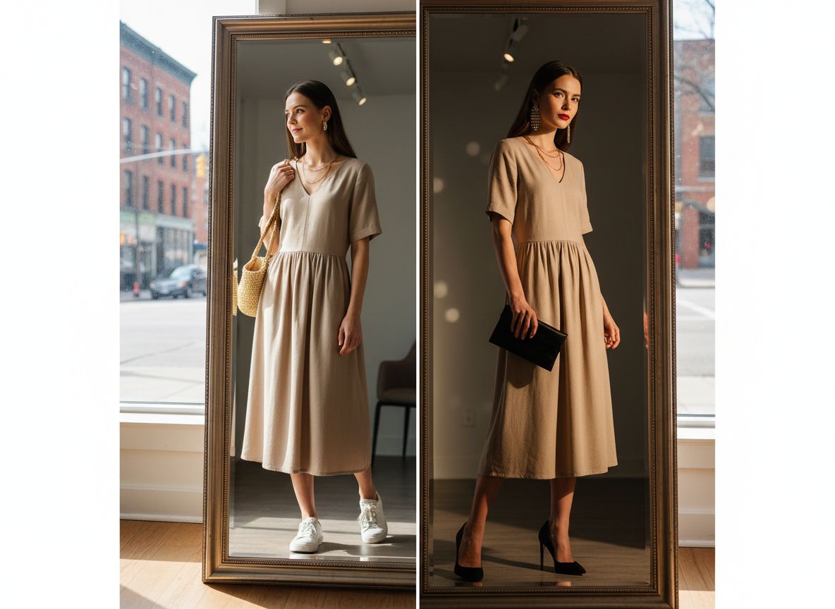 Modelka w sukience midi stylizowanej na dzień i wieczór przed lustrem