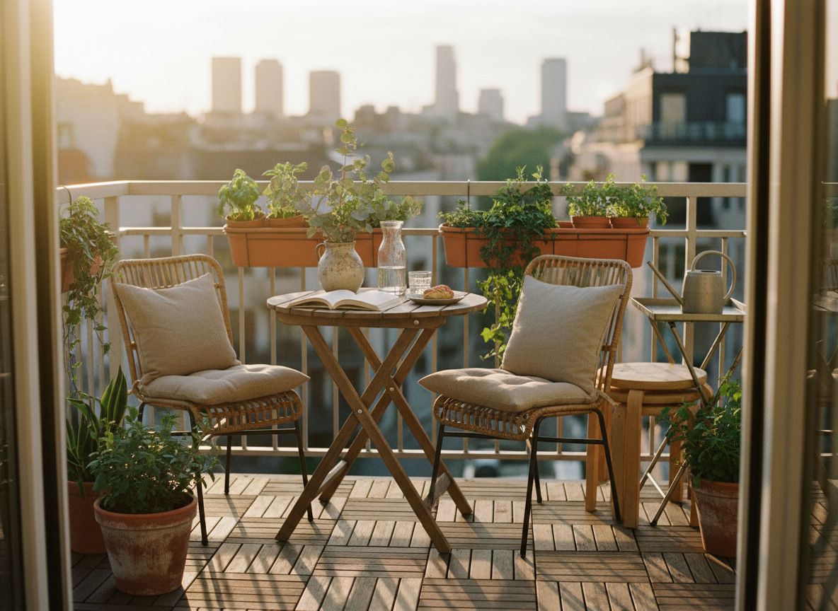 Balkon z bistro: stolik, dwa krzesła i doniczki z ziołami