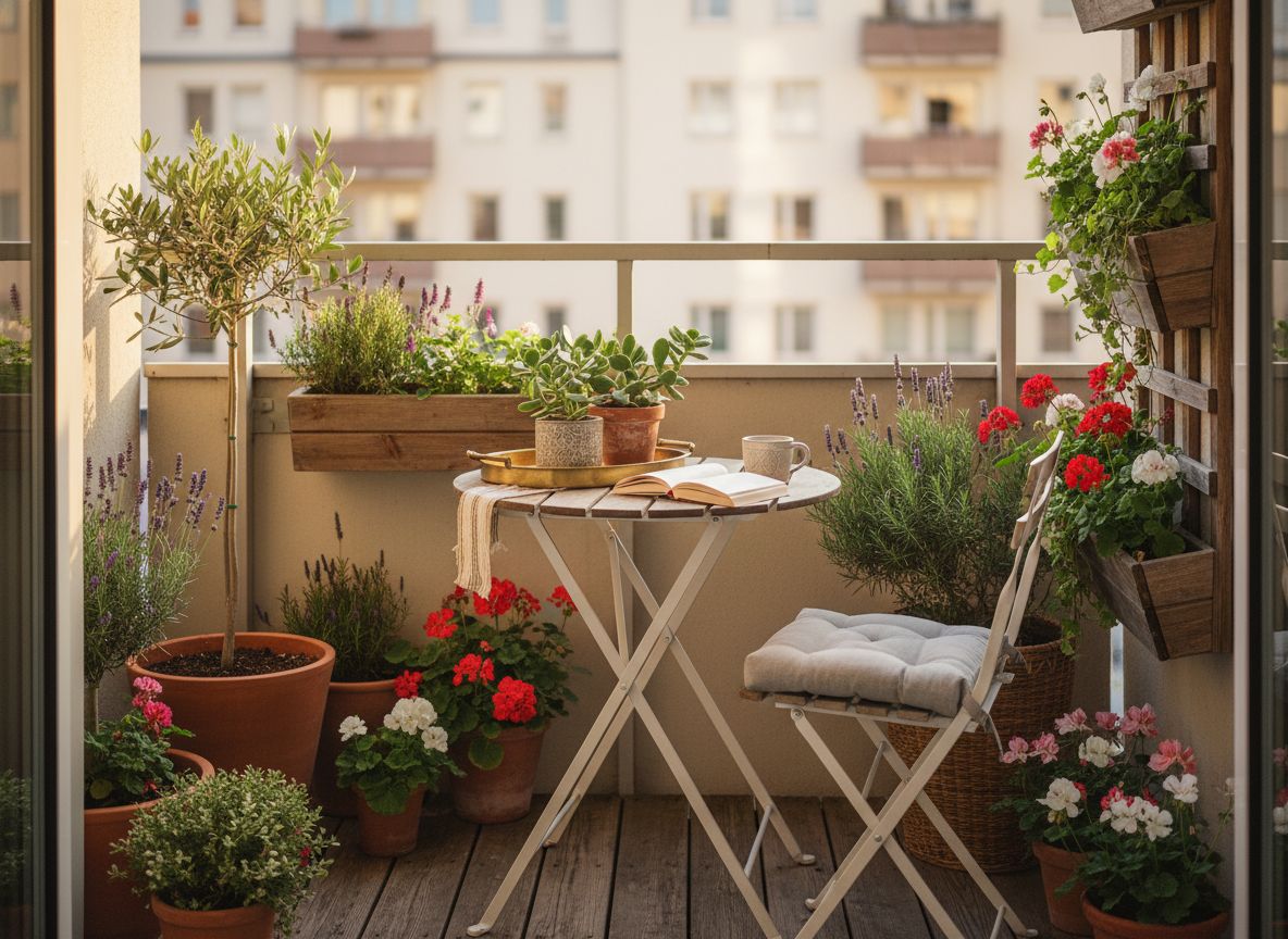 Balkon z krzesłem, stolikiem, kubkiem, otwartą książką i roślinami