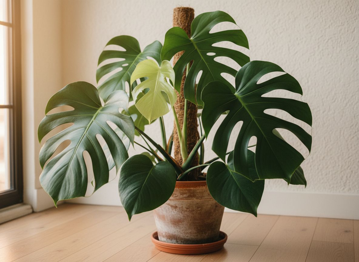 Monstera deliciosa przy oknie, fenestrowane liście, rozwijający się nowy liść i słupek z mchem w terakotowej donicy