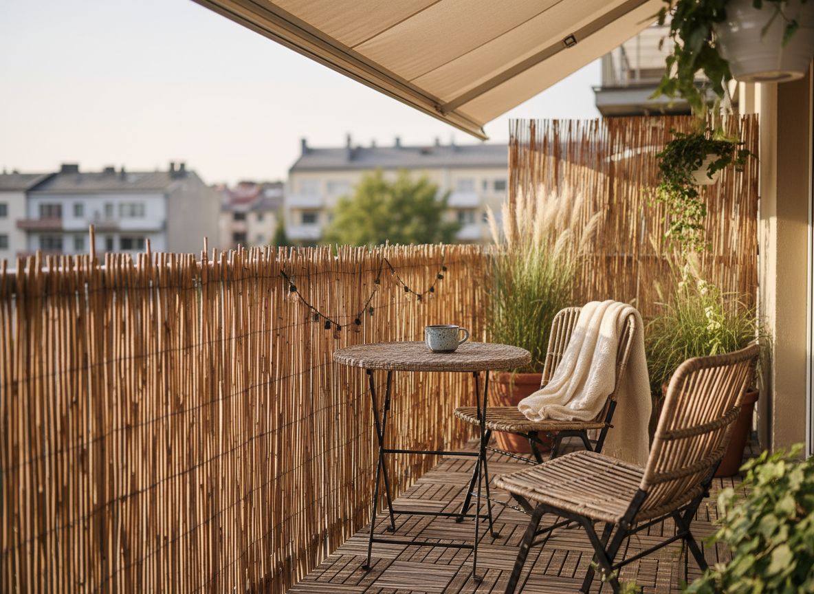 Miejski balkon z osłoną z bambusa, markizą i stolikiem bistro