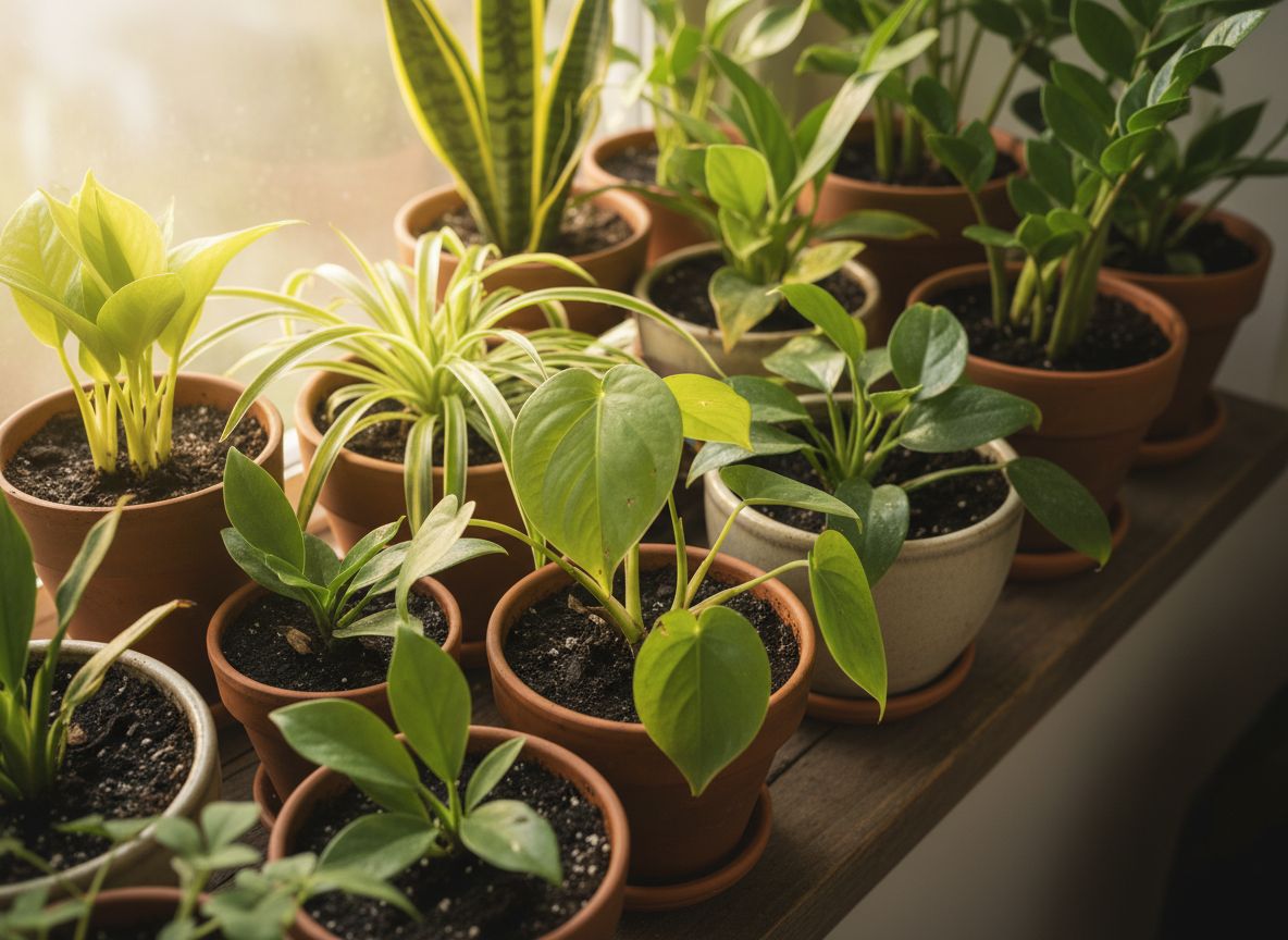 Kompozycja doniczkowych roślin: zielistka, epipremnum, sansewieria, zamiokulkas, skrzydłokwiat, filodendron, sukulenty